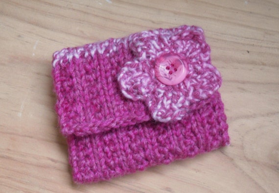 Knitted Pink Coin Purse Change Purse Hand Knitted with Flower
