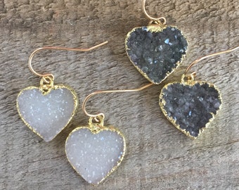 Druzy Earrings, Drusy Earrings, Heart Earrings, Heart Jewelry, Druzy Quartz Jewelry, Drop Earrings