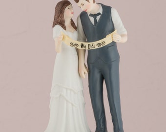 Customized Indie Style Wedding Cake Topper Trendy Bride Groom Couple Personalized Custom Hair Retro Vintage Hipster Text Banner Blue Vest