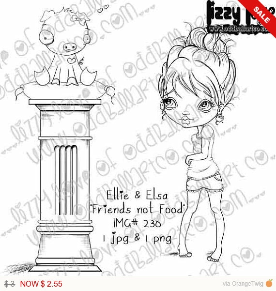 Sale -  Instant Download Kawaii Vegan Stamp Set ~ Ellie & Elsa in Friends Not Food Image No. 230 by Lizzy Love