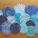 18 Blue Hand Dyed Vintage Crochet Doilies, Navy, Cobalt, Aqua, Turquoise, and Light Blue Colors, Small Craft Doilies