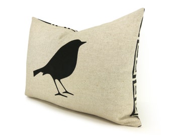 Bird pillow case | Black and beige decorative cushion cover with geometric pattern accent | 16x16 or 12x18 | Modern woodland home decor