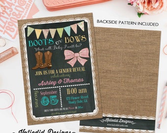 gender reveal invitation boots or bows lace cowboy burlap bunting chalkboard gender neutral baby shower (item 1410) shabby chic invitations