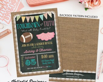 gender reveal invitation touchdown or tutu lace country rustic burlap bunting chalkboard gender neutral baby shower item 1431 shabby chic