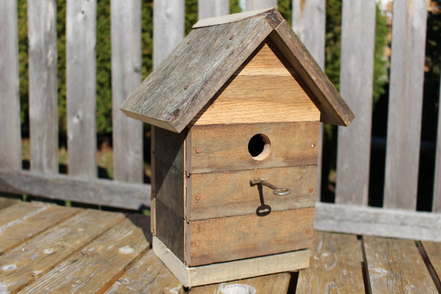 Reclaim oak floor board bird house with skeleton key perch