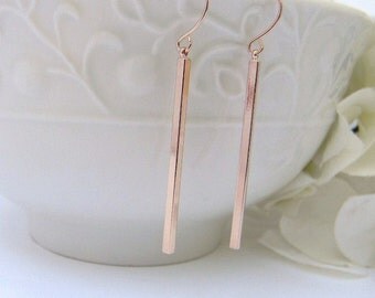 Slim Minimalist Rose Gold Earrings- Rose Gold Skinny Bar Earrings - Simple Bar Dangle Earrings - Rose Gold Bar Earrings- Gift For Her