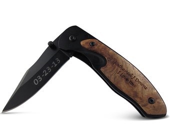 Custom Engraved Black Blade Wood Inlay Knife - personalized pocket knife with wood handle - groomsmen gift knife