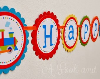 Bright Train Choo Choo Happy Birthday or Baby Shower Banner