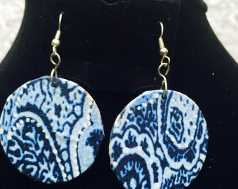 Fabric earrings using denim blues in a paisley design