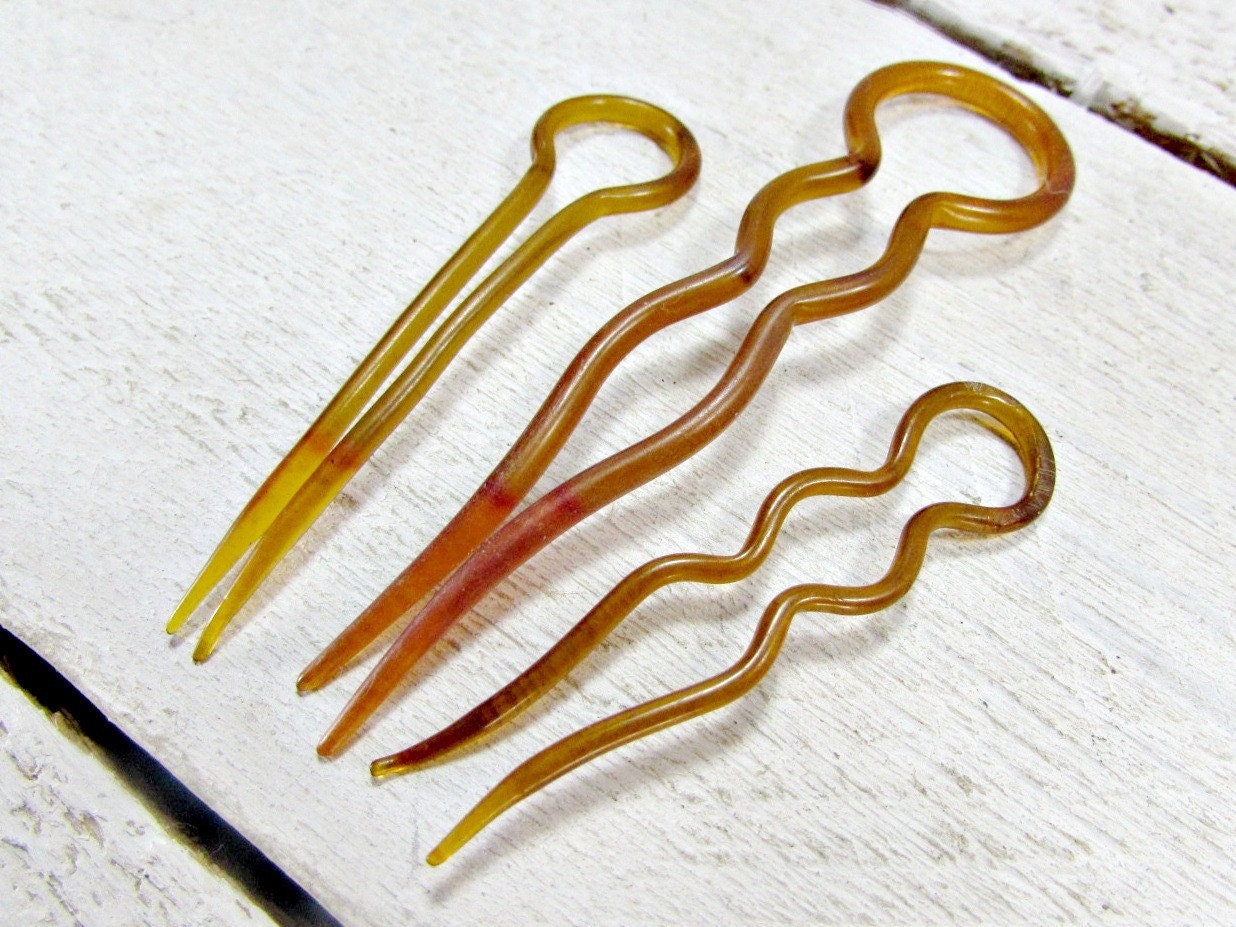 Vintage Celluloid Plastic HairPin Set Small Amber Yellow