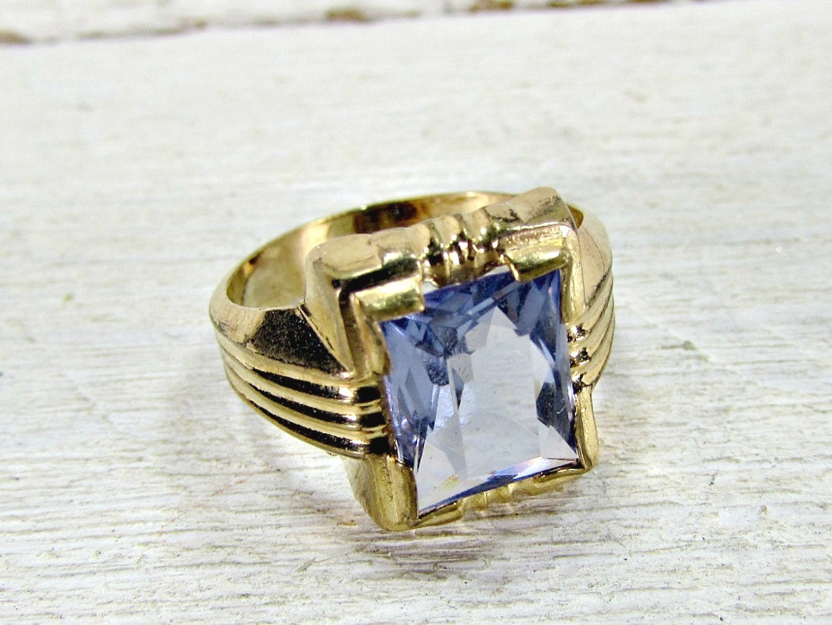 Vintage Mens Gold Pinky Ring Purple Amethyst Glass Ring 14K