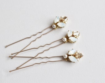 Hair Pins - White Opaline and Gold Crystal Rhinestones - Bridal Hair Pins -Bun Pins - Wedding Hair style -
