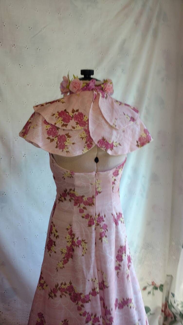 VINTAGE HALTER DRESS Maxi 1970 Butterfly Sleeves Floral