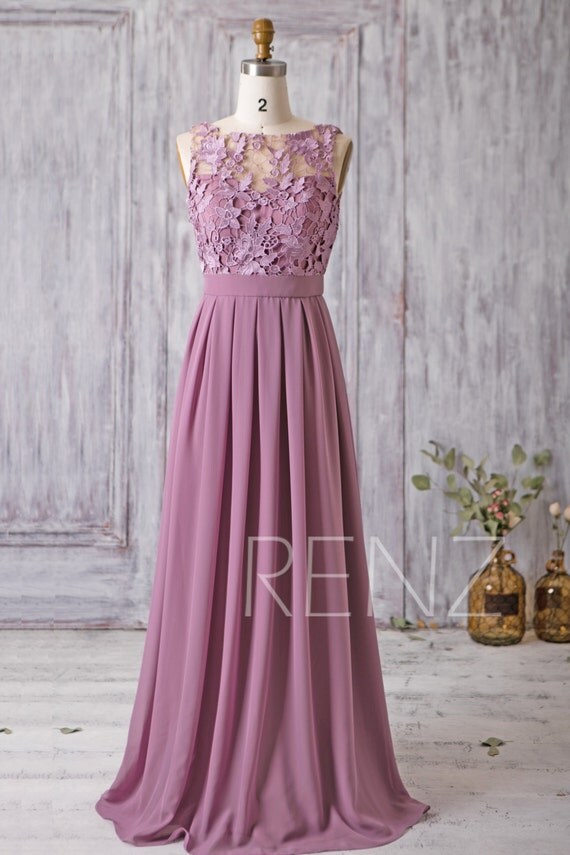 2019 Mauve  Bridesmaid  Dress  Long Dress  Lace Illusion Wedding 