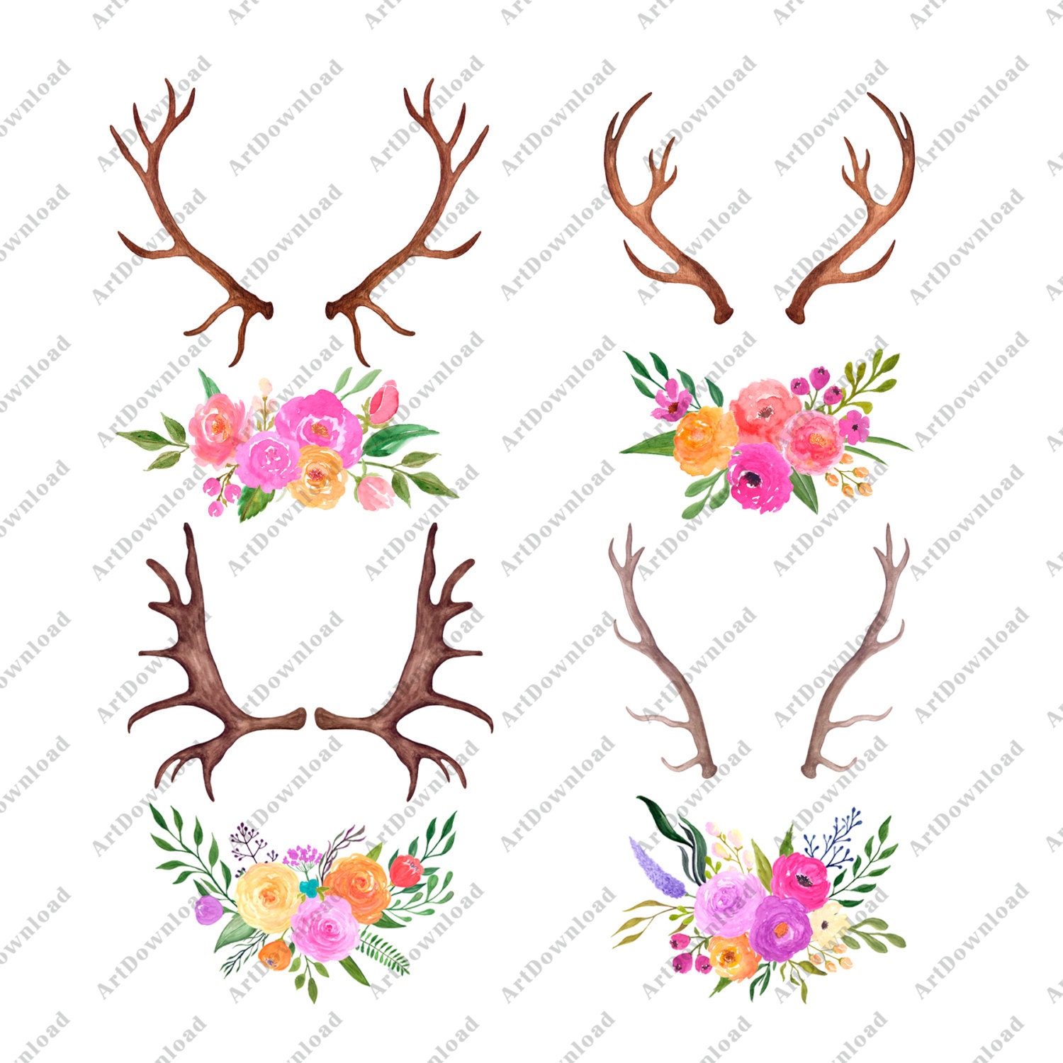 Antlers and Flowers Watercolor floral antlers Clip art