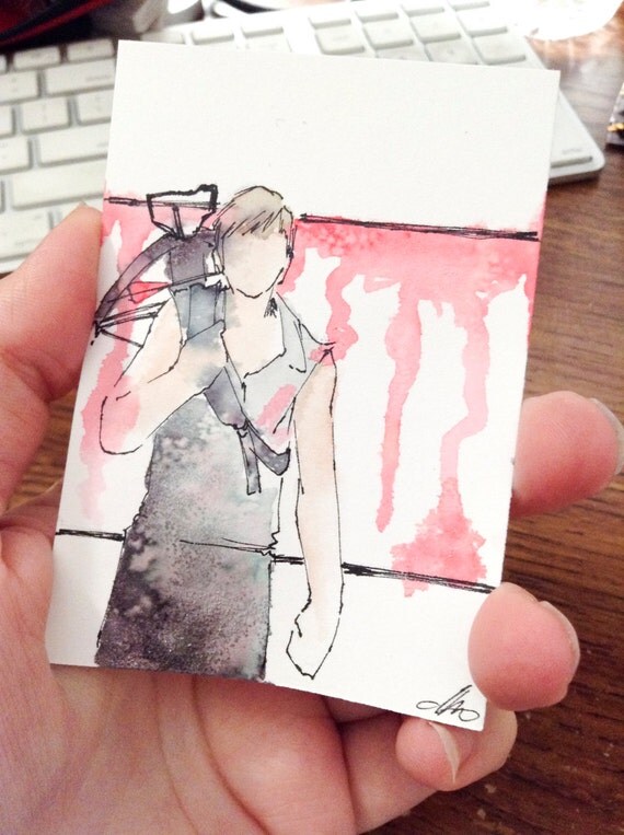 Dixon in Waiting, Walking Dead original Fan Art Watercolor, Salt, and pencil on Bristol ACEO Artist Trading Card