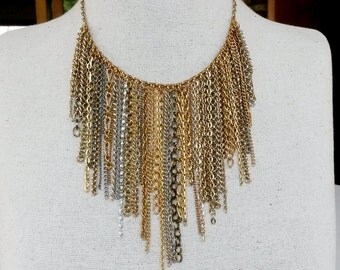 Upcycled Mixed Chain Bib Fringe Choker Necklace with Adjustable Length One of a kind Repurposed Recycled
