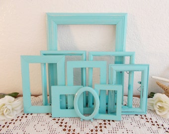 Mint Light Blue Green Frame Set Rustic Shabby Chic Distressed Picture Photo Gallery Collection Beach Cottage Home Decor Summer Wedding Gift
