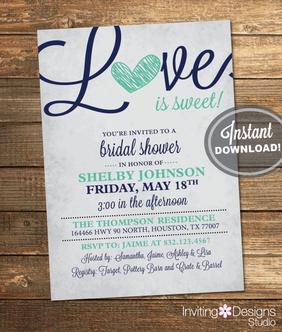 Bridal Shower Invitation Love is Sweet Heart Navy Blue