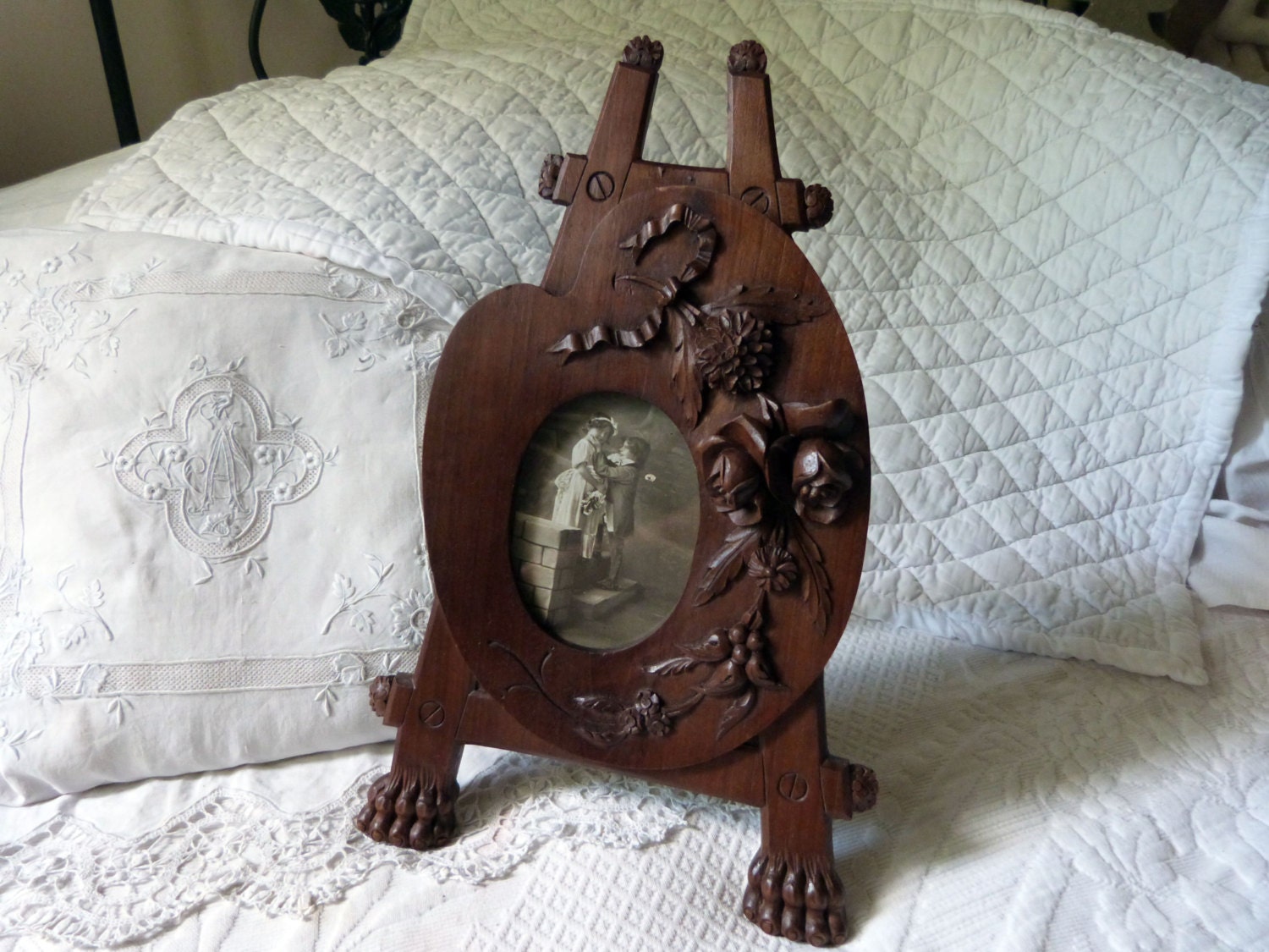 Antique French wooden picture frame hand sculptured wood w