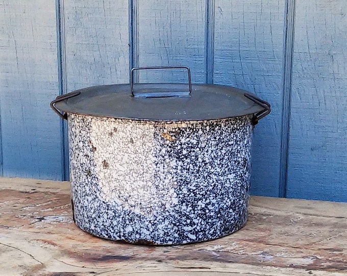 Vintage Blue Enamel Pan with Metal Lid
