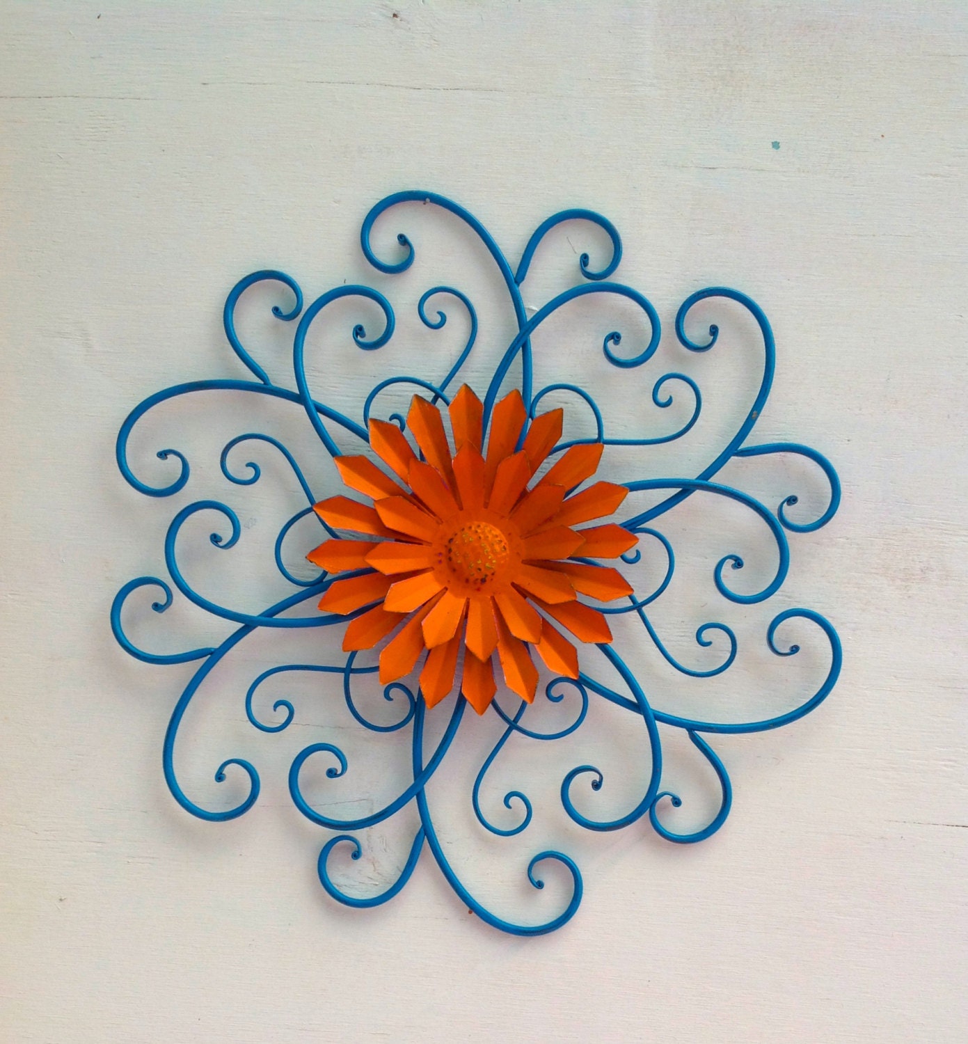 Teal & Orange Scrolled Iron Wall Flower Metal Yard Art