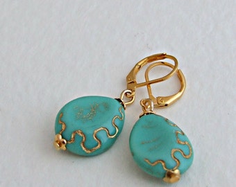 Turquoise and Gold Earrings .. blue gold earrings, blue dangle earrings, jewellery, aqua earrings, teardrop earrings