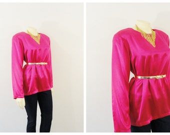 Vintage Top Silk Blouse 80s Honey Bee 100% Silk Liquid Satin Blouse Hot Pink Shoulder Pads Size 8 Modern S - M