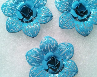 3 Baby Blue Metal Flower Pendants