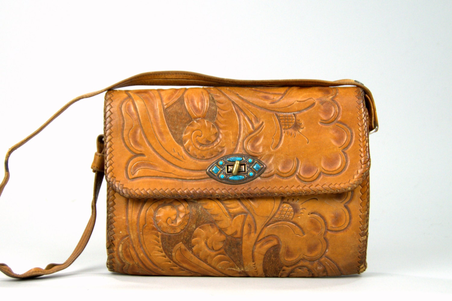 60s Tooled Leather w/ Turquoise Southwest Shoulder Bag Purse