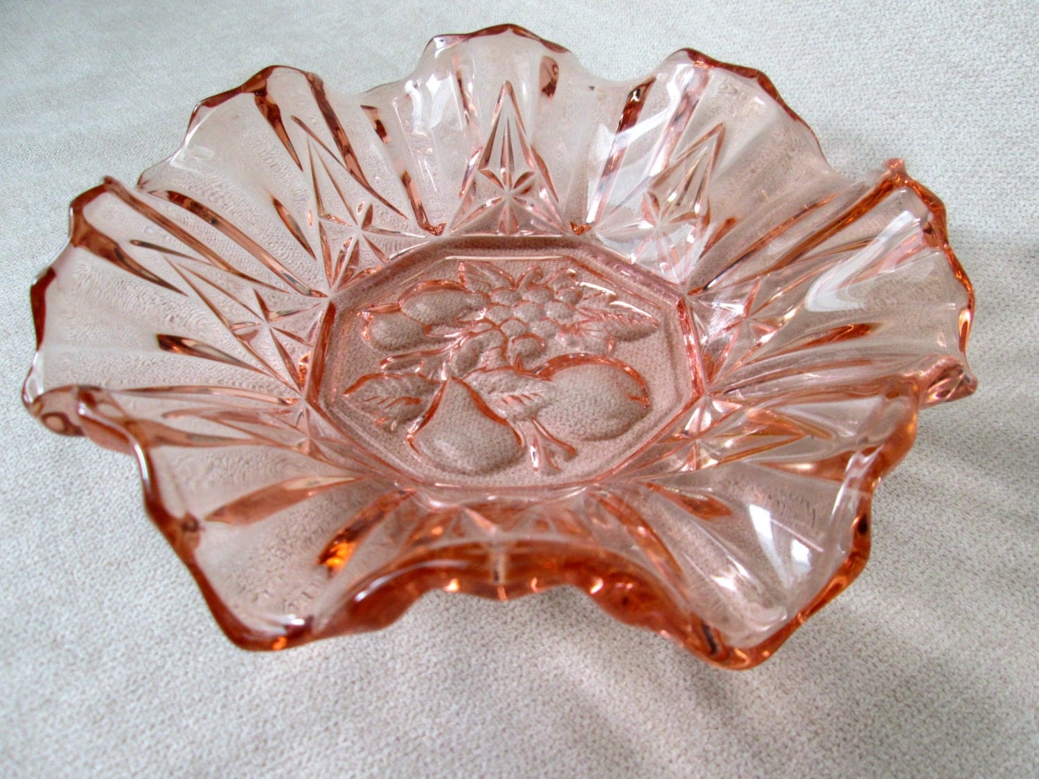 Vintage Pink Carnival Glass Dish With Ruffled Edges And Fruit