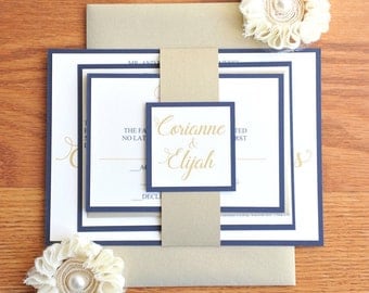 Simple Wedding Invitation, script wedding invitation, champagne and navy blue wedding invitation, Invitation set with bellyband, Corianne