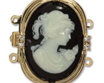 3 Strand Cameo Clasp Gold Plated Box Clasp 30X24mm With Crystals Quality German Made Push Pull Clasp
