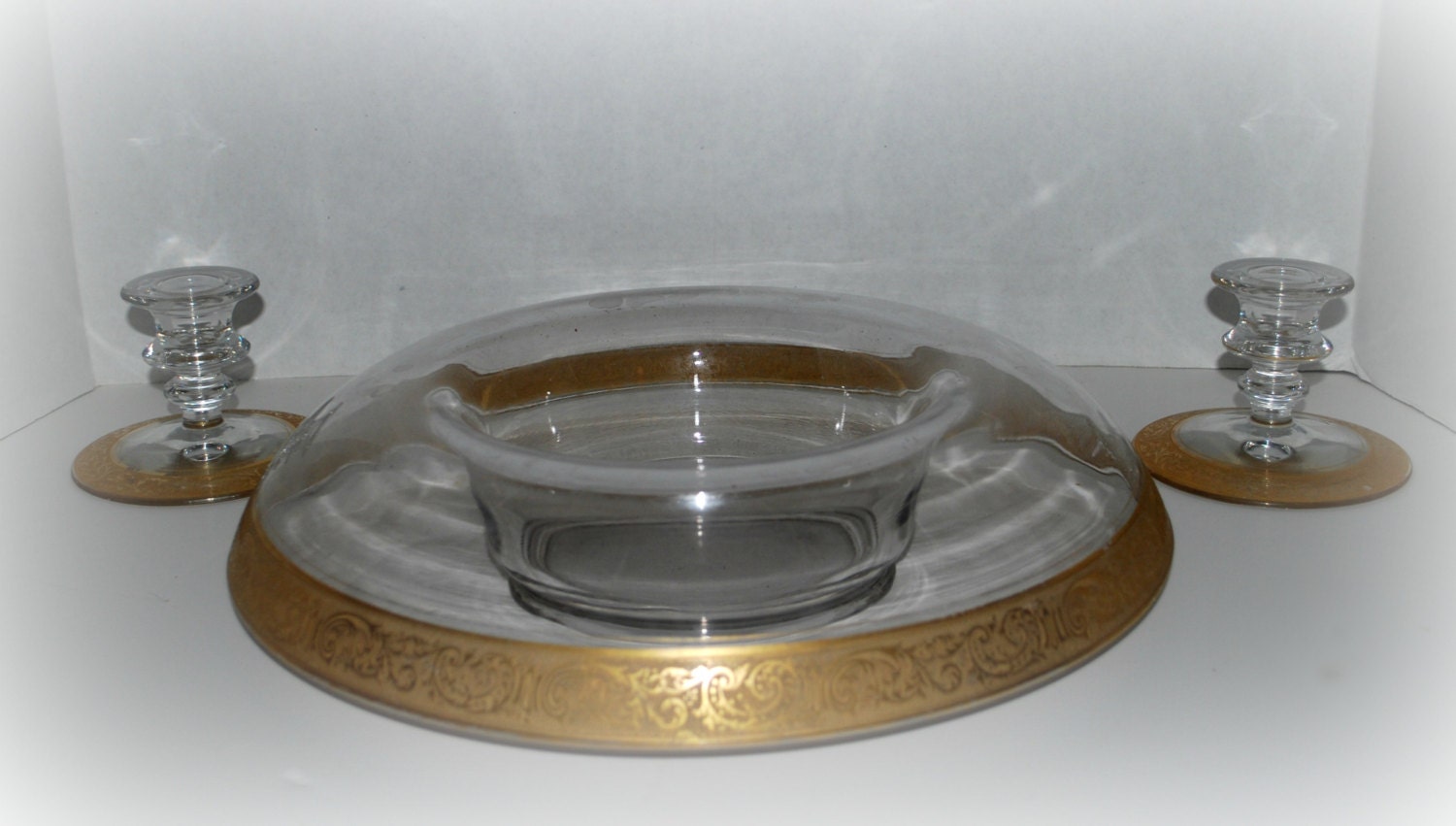 vintage glass bowl and candle holders clear and gold glass