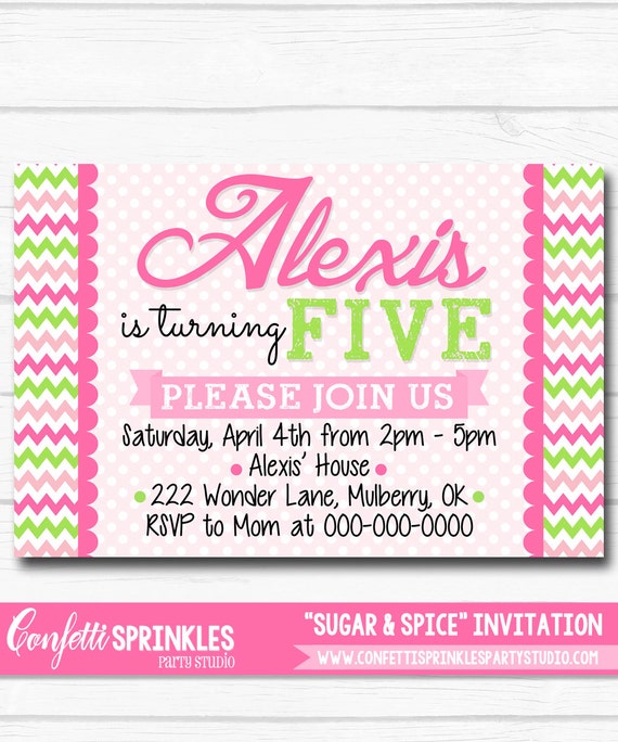 Diy Personalized "Sugar & Spice" Pink and Green Chevron Birthday Party Digtial Printable 4"x6" or 5"x7" Invitation Il_570xn