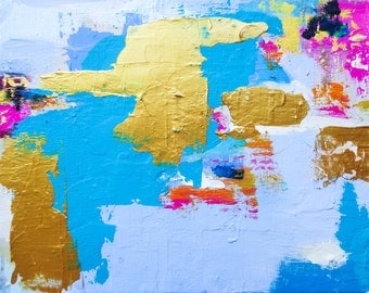 Abstract Art Painting Home Decor 8 X 10 Rectangular Small Susan Skelley Free Domestic Shipping Pink Metallic Gold Aqua "DOUBLE FISTING"