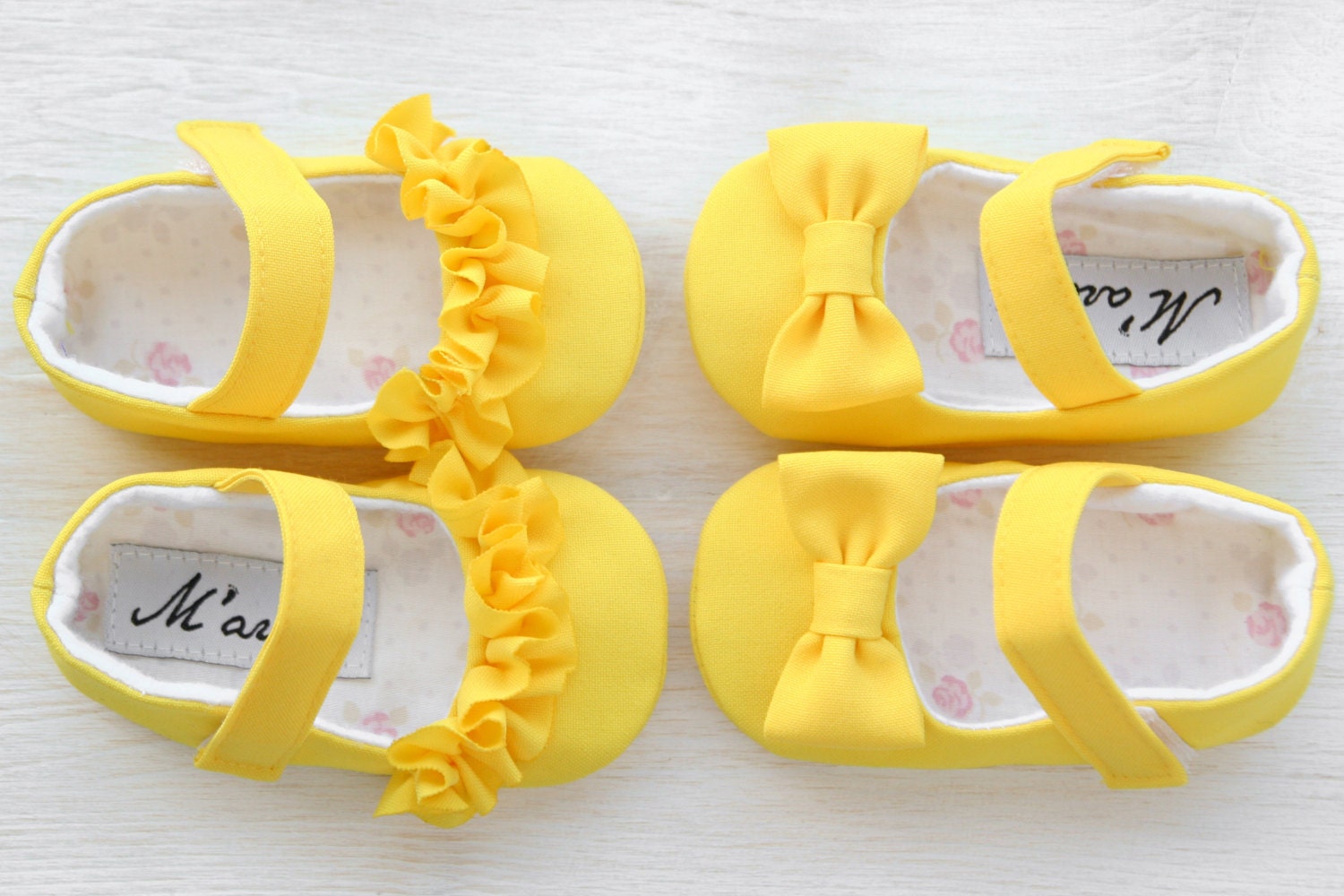 Yellow baby girl shoes with RUFFLES or BOWS vibrant yellow