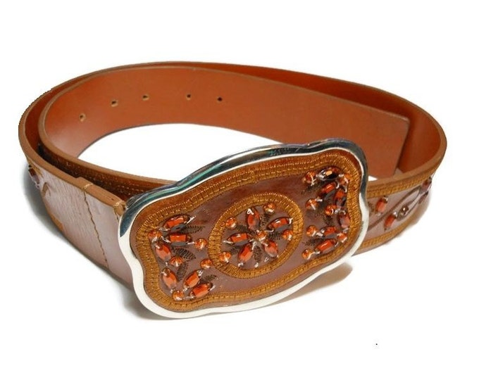 Leather rhinestone belt, brown leather, marked LW Genuine Leather Made in India, size small, women's western belt, sewn on faux rhinestones