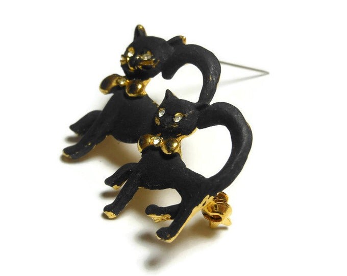 FREE SHIPPING Black cats brooch pin, black enamel pair, mother and child, rhinestone eyes, gold tone base, gold collar, small, animal lover