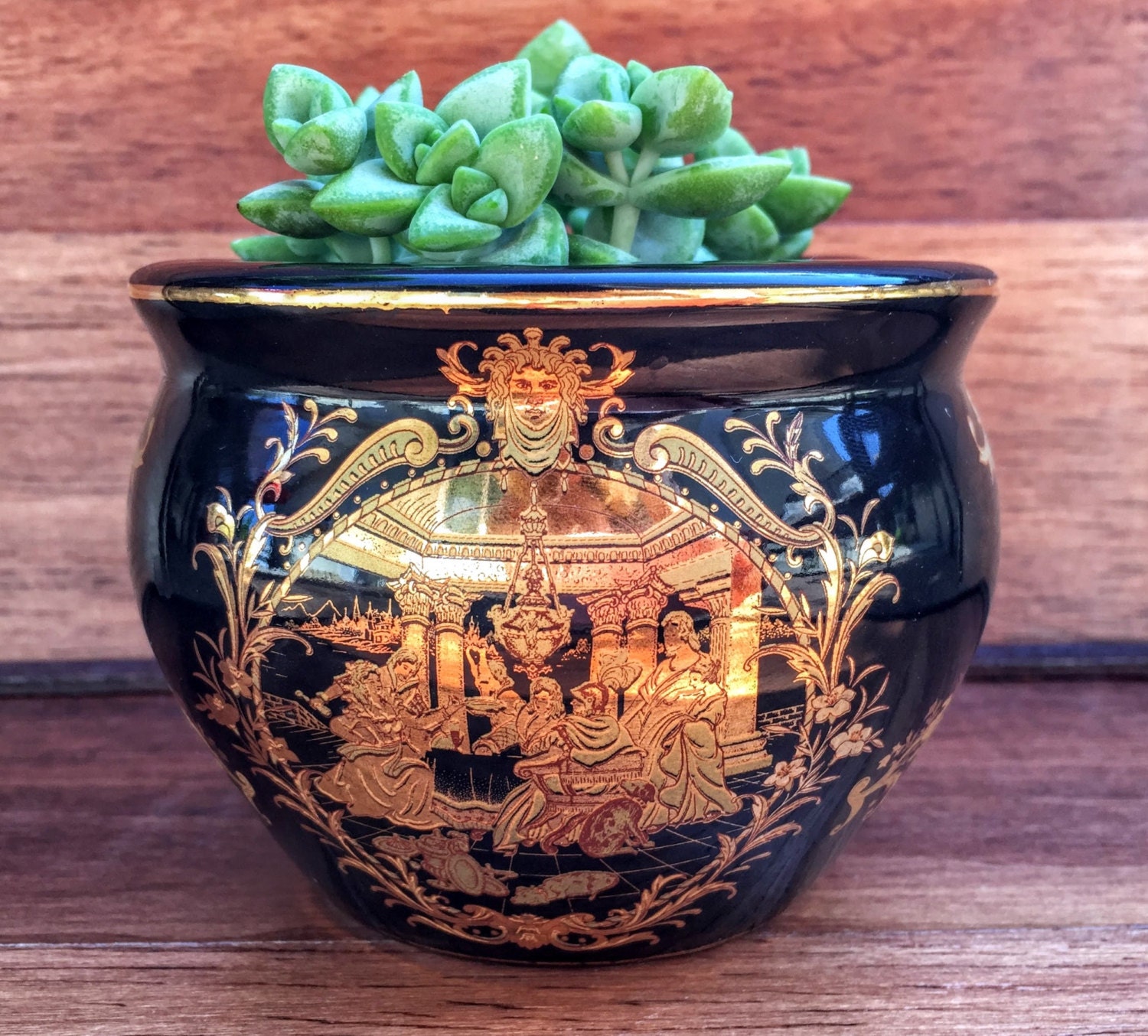 VINTAGE Limoges Black Porcelain with Gold Scene Bowl/Vase