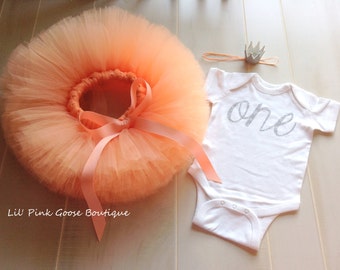 PEACH AND SILVER Smash Cake Outfit, Girls First Birthday Outfit, Peach and Silver Birthday Outfit, 3 piece set, Tutu Headband and Bodysuit