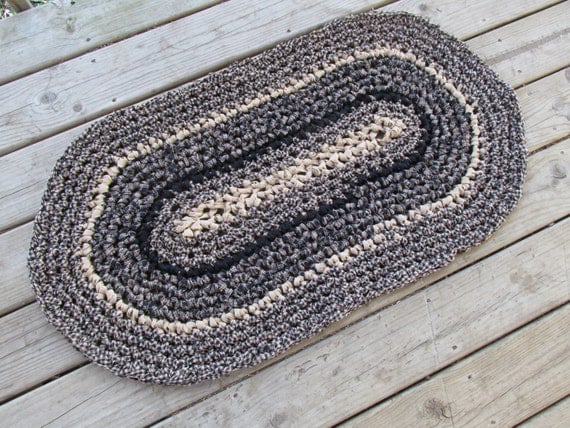 Puritan Rug Crochet 40"x22" Rag Area Rug Oval Medium Washable Floor Handmade Bathmat Kitchen Country Log Cabin Prim Black Homespun Tan