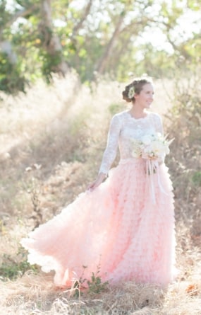 Tulle skirt wedding with ruffles designed for beach weddings, garden weddings, and engagement shoots, and galas - shown in peach/blush