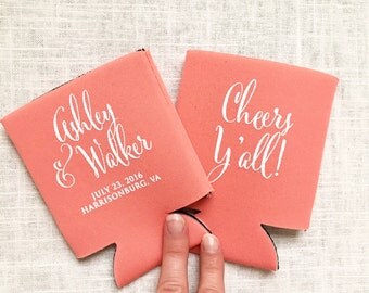 Wedding Can Coolers, Cheers Y'all, Personalized Can Coolers, Wedding Favors, Beer Sleeves, Can Sleeves, Coral - T325
