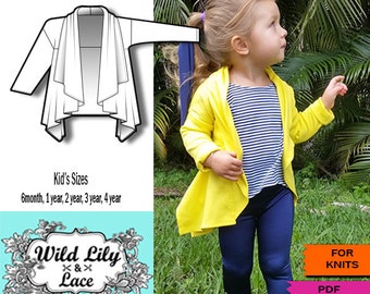 KIDS SEWING, PATTERN for Waterfall cardigan, kids cardigan, pdf pattern, easy pattern, pattern for knits,easy to sew pattern