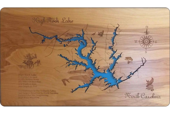 Wood Laser Cut Map of High Rock Lake NC Topographical Engraved