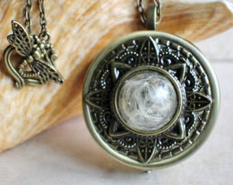 Music box locket, round locket with music box inside, in bronze with dandelion wishes encased in glass