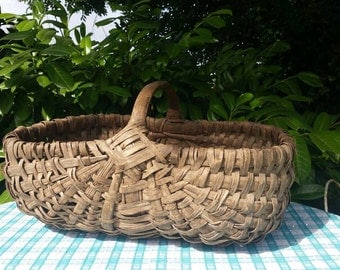 Gorgeous Rare Large size Antique French Handcrafted Rustic Willow / Reed Gathering Basket-Unique Twin Handled Basket Flowers,Legumes,Fruits