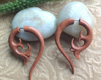 Fake Gauge Earrings, "Tribal Style" Natural, Saba Wood, Handcrafted, Tribal