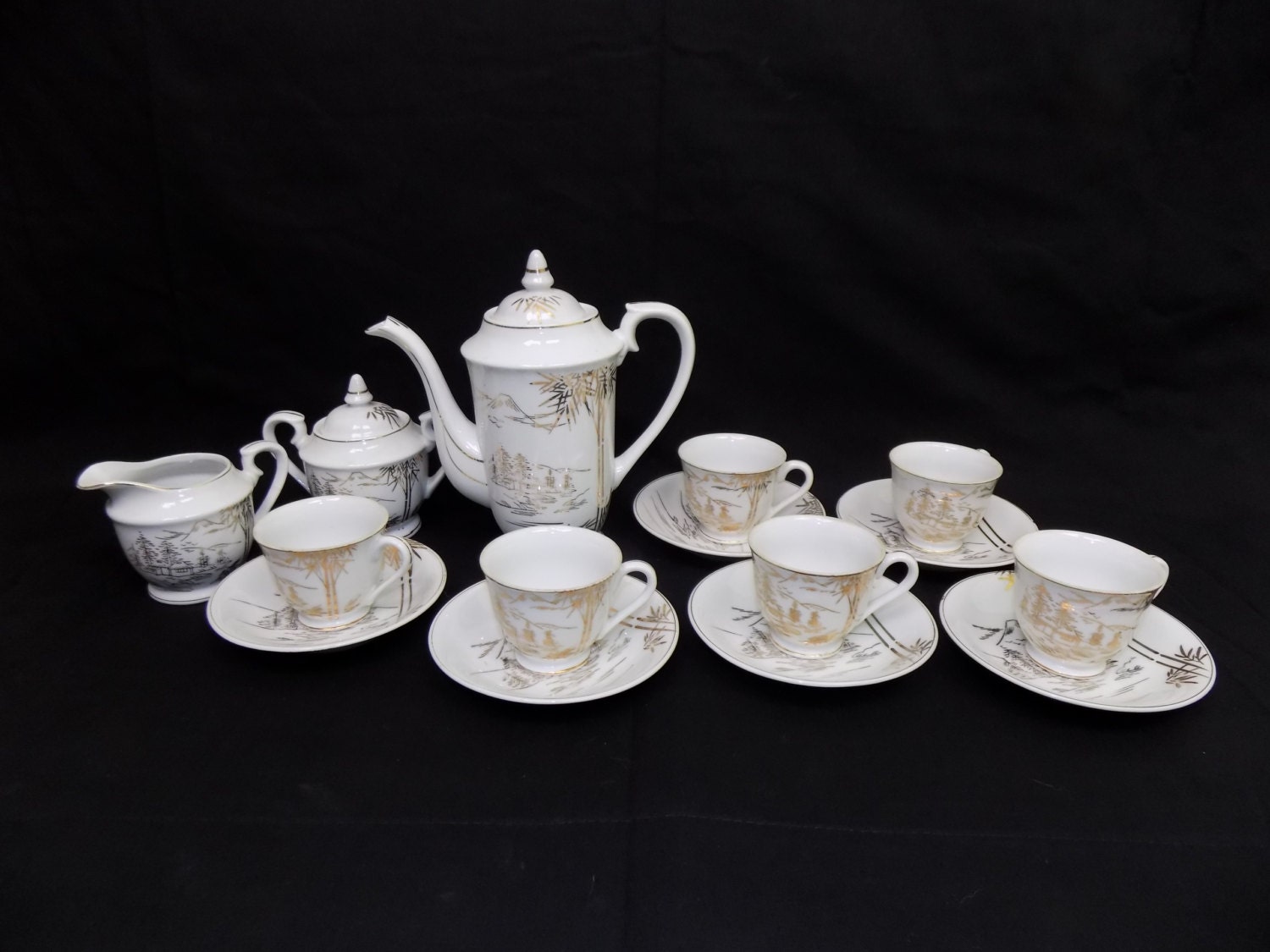 Vintage Japanese Porcelain Serving Tea Set with Geisha